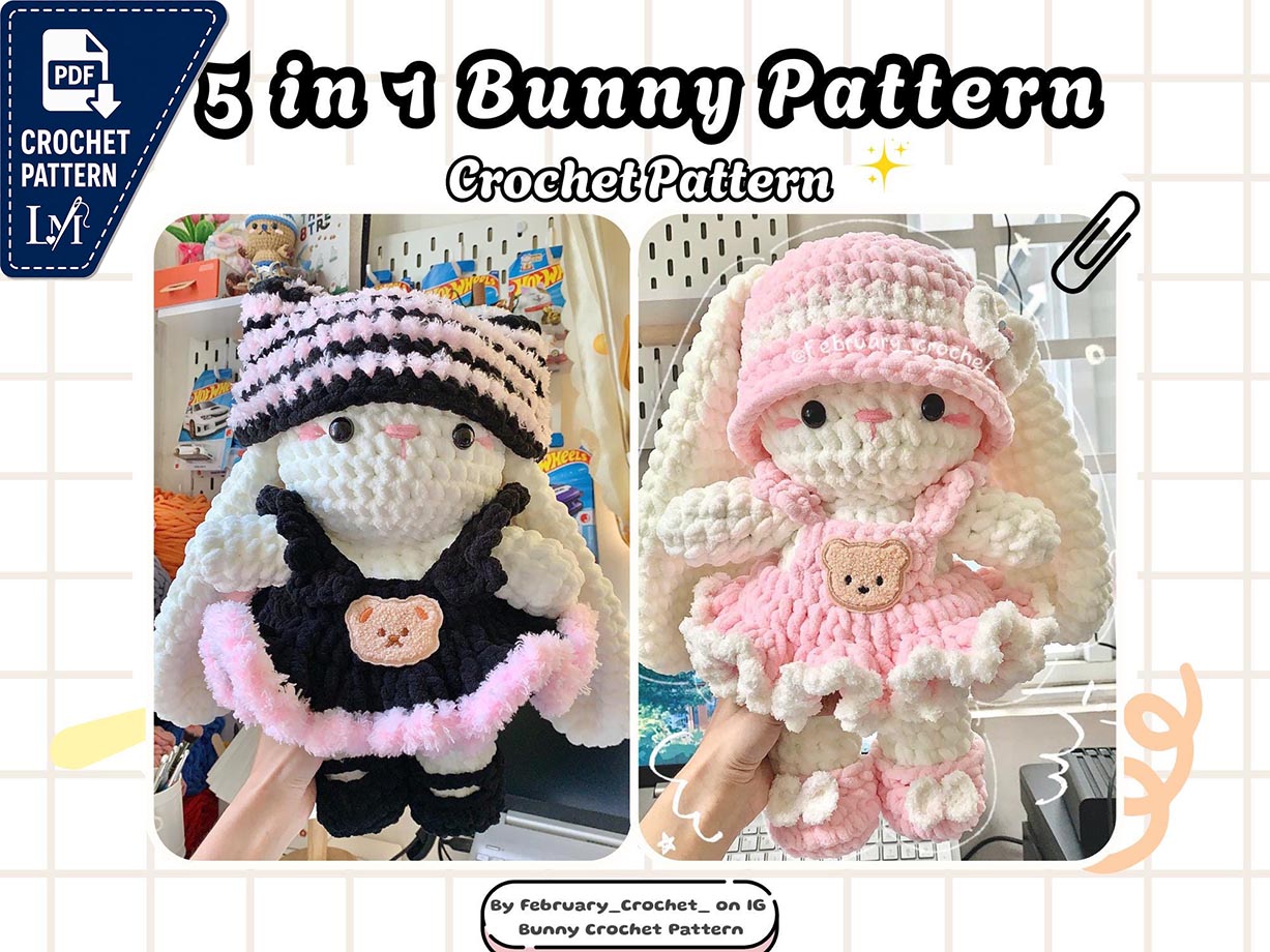 5 in 1 Baby Bunny Crochet Pattern Bundle | Hat, Dress, Shoes, Bow